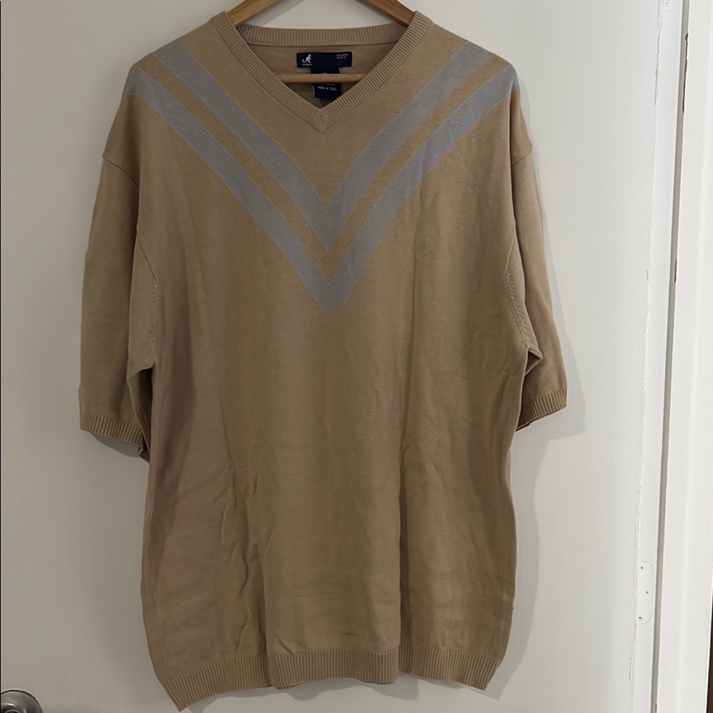 Kangol V-Neck Sweater in Tan with Gray Stripes